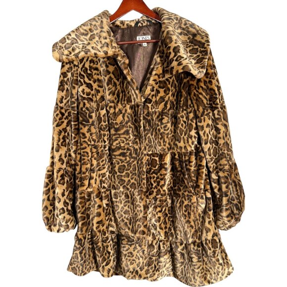 Jones Studio Tiered Faux Fur Coat Leopard Print Brown Mob Wife Glam M - Picture 1 of 11